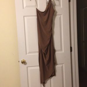 Brown party dress. Asymmetric hem. One shoulder.